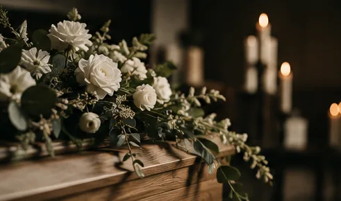 Weiße Blumen und Kerzen bei einer Trauerfeier